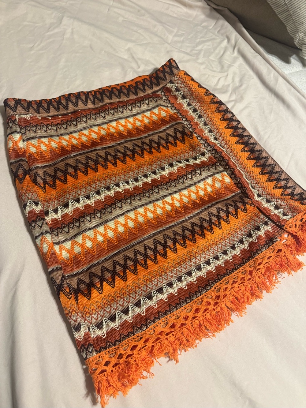 Boho Orange Fringe Knit Mini Skirt